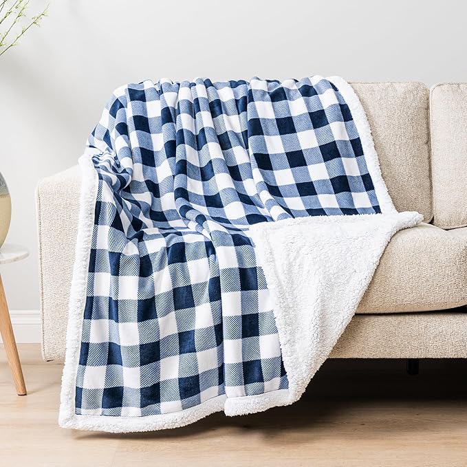 PAVILIA White and Navy Blue Buffalo Plaid Sherpa Throw Blanket for Couch Twin, Soft Fuzzy Flannel Blanket for Bed, Plush Checkered Fleece Blanket and Throws, Warm Thick Winter Blanket Gift, 60x80