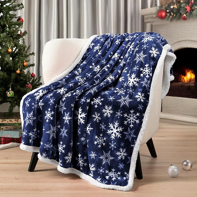 PAVILIA Blue Snowflake Christmas Sherpa Throw Blanket, Reversible Fleece Sherpa Cozy Holiday Blanket 60x80, Soft Winter Throw for Couch & Bed, Plush for Family Friends