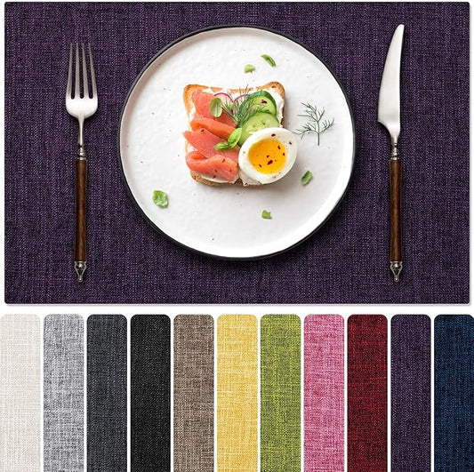 Blue Forest Placemats Set of 8, Dual-Layered Thickened Faux Linen Cloth Place Mats Heat Resistant Machine Washable Wrinkle Free Table Mats Indoor/Outdoor (Purple)