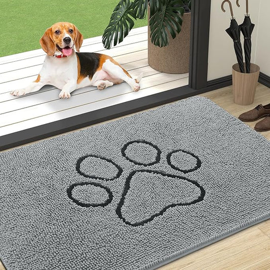 OLANLY Dog Door Mat for Muddy Paws 47x32, Paw Print Design, Absorbs Moisture and Dirt, Absorbent Non-Slip Washable Doormat, Quick Dry Chenille Mud Mat for Dogs, Entry Indoor Entryway Carpet, Grey