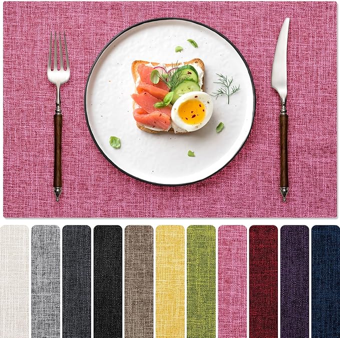 Blue Forest Placemats Set of 8, Dual-Layered Thickened Faux Linen Cloth Place Mats Heat Resistant Machine Washable Wrinkle Free Table Mats Indoor/Outdoor (Hot Pink)
