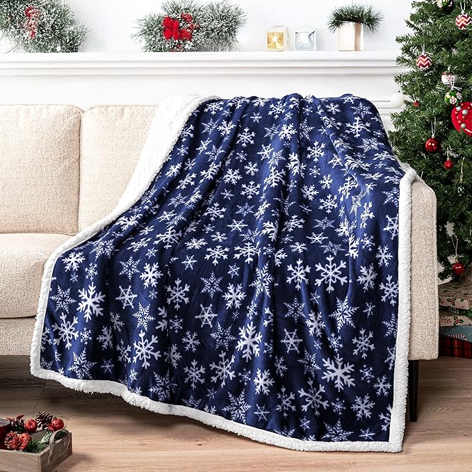 PAVILIA Blue Snowflake Christmas Sherpa Throw Blanket, Reversible Fleece Sherpa Cozy Holiday Blanket 60x80, Soft Winter Throw for Couch & Bed, Plush for Family Friends