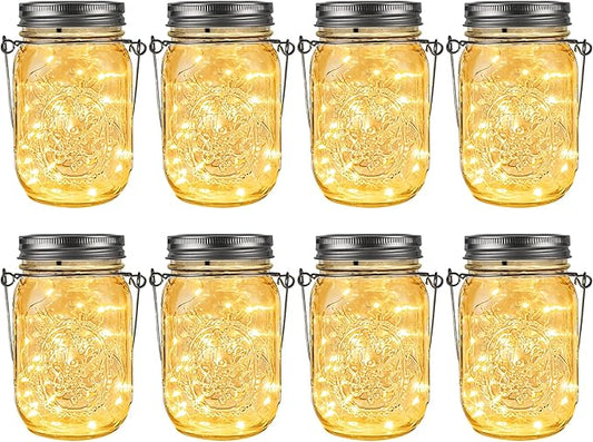 GIGALUMI Solar Mason Jar Lights, 8 Pack 30 Led String Fairy Lights Garden Lights Outdoor Waterproof Metal Lid Hanging Solar Lanterns for Outdoor, Garden, Patio, Lawn, Balcony Decoration