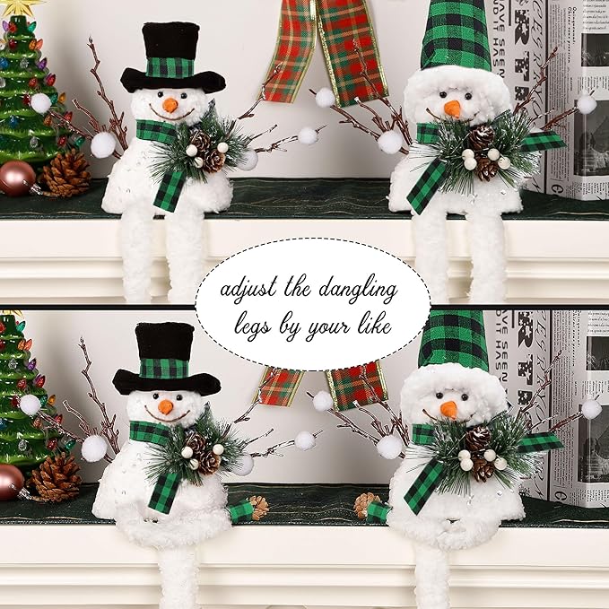 Lulu Home Christmas Snowman Decorations, Set of 2 Plush Shelf Sitters with Dangling Legs, Black & Green Checked Snowman Ornaments for Table Mantel Desk Fireplace Home Holiday Decor