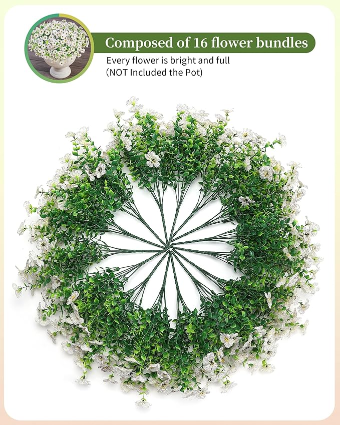 Faux Flowers for Outdoor Planters 16 Bundles UV Resistant Fake Artificial Eucalyptus Plants Outside Spring Summer Yard Decoration Realistic Silk Daisy for Patio,Front Porch,Garden,Pots Decor