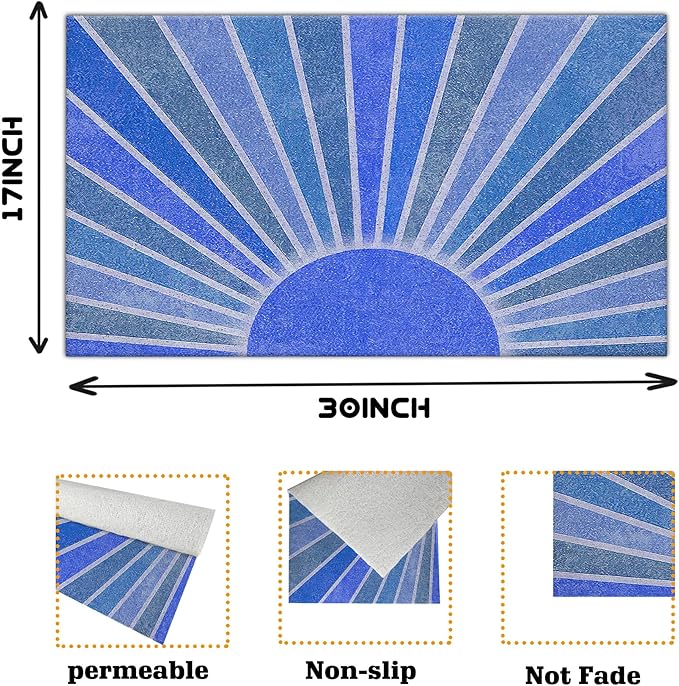 Nogrit Blue Boho Door Mat, Retro Boho Sun Sunshine Doormat Bathmat for Indoor Outdoor Entrance, Mid Century Modern Abstract Welcome Mats for Front Door Outside Porch Entryway, 17x30 Inches