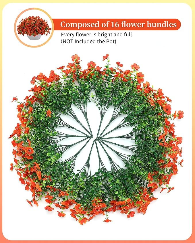 Fake Mums Faux Flowers for Outdoor Planters 16 Bundles UV Resistant Artificial Eucalyptus Plants Outside Fall Yard Decoration Realistic Silk Daisy Patio Front Porch Garden Pots Decor-Orange Red