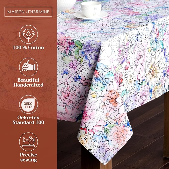 Maison d' Hermine Table Cloth Rectangle Table 100% Cotton 70 x 90 Inches Tablecloth Reusable Decorative for Dining Room, Farmhouse, Home, Party, Festive & Wedding Spring Summer - Floral Love