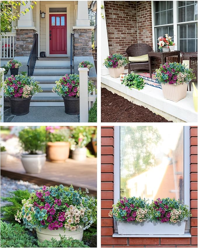 Faux Artificial Plants Flowers for Outdoor Planters Spring Summer Decor 16 Bundles Fake Eucalyptus Silk Daisy UV Resistant Realistic Used for Outside,Home,Front Porch,Patio,Yard Decorations