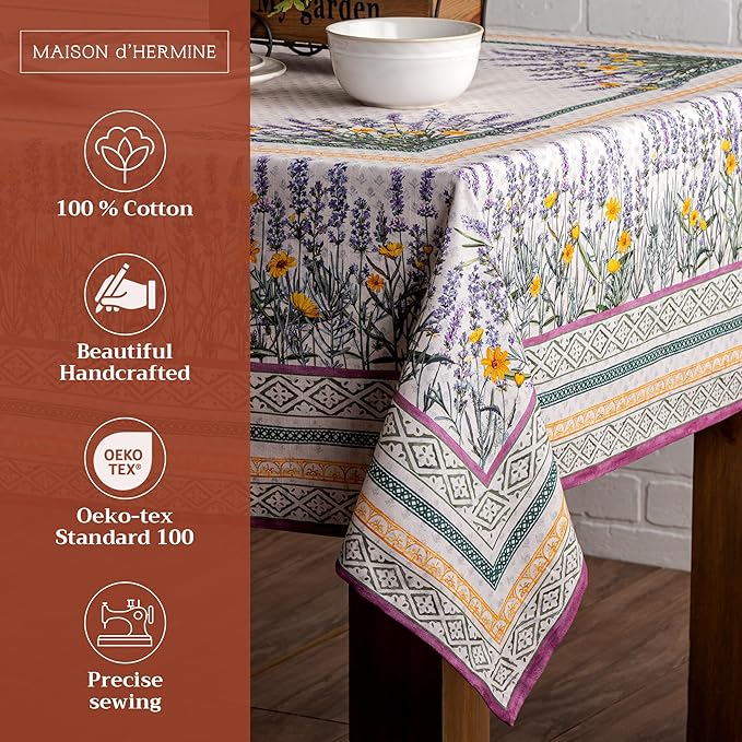Maison d' Hermine Table Cloth Rectangle Table 100% Cotton 60 x 108 Inches Tablecloth Reusable Decorative for Dining Room, Farmhouse, Home, Party, Festive & Wedding Spring Summer - Fanny Lavender