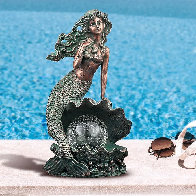 TERESA'S COLLECTIONS Mermaid Garden Statues with Solar Outdoor Lights for Outdoor Decor, Bronze Patina Fairy Sculptures & Statues Christmas Decorations, Garden Decor Gifts for Mom Yard Decor, 13"