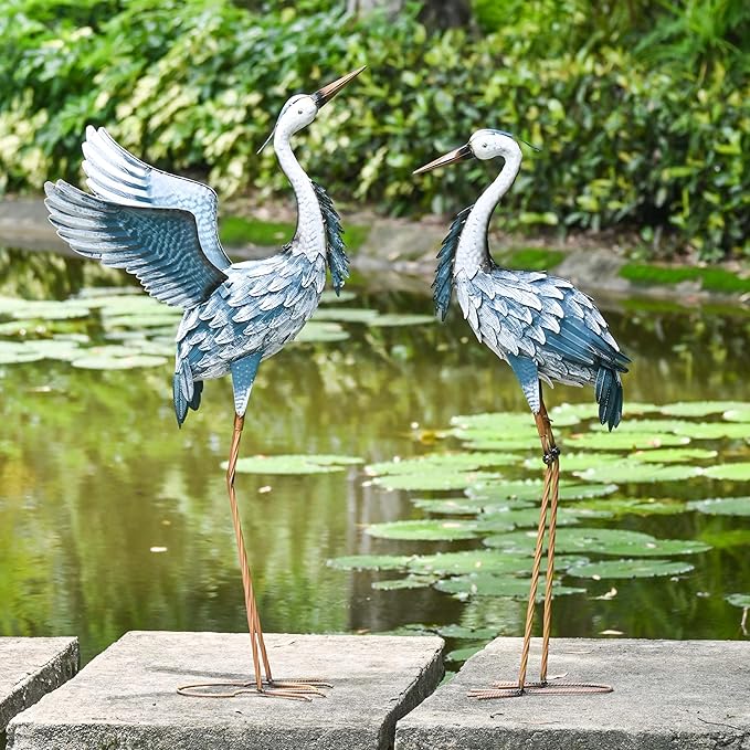 TERESA'S COLLECTIONS Garden Decor Blue Heron Yard Art, 38-42" Large Metal Cranes Sculptures & Statues Decoy for Outdoor Indoor Decorations, Outside Patio, Pool, Lawn, Set of 2, Spring,Gift for Mom