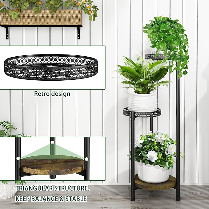 3 Tier Plant Stand Indoor,Metal Tiered Plant Shelves,Modern Corner Plant Shelf for Multiple Plants for Outdoor Living Room Balcony Garden Patio,Black