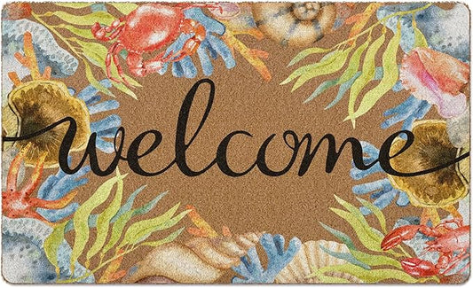 Beach Coastal Welcome Door Mat, Summer Doormat, Ocean Welcome Front Door Mat Indoor Outdoor Entrance, Beachy Seashell Artificial Coir Doormats Rugs for Patio Entry Home Decor, 30x17in