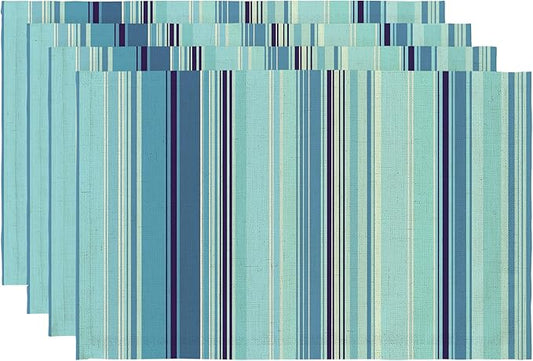 LilyCat Linen Fabric Blue Stripes Placemats, Durable Boho Dining Table Mats for Kitchen, Rustic Vintage Washable Place Mats Set of 4, 18’’× 12’’