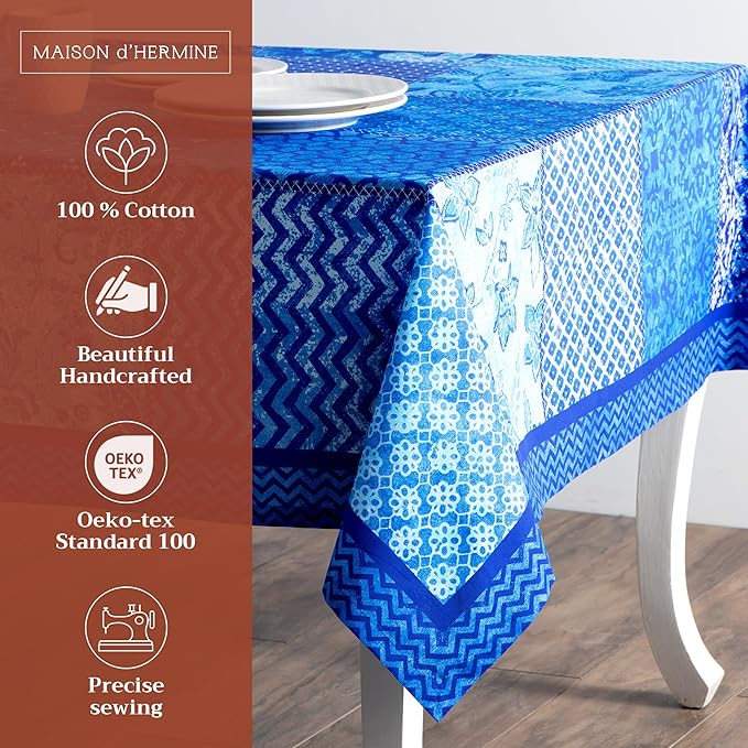 Maison d' Hermine Table Cloth Rectangle Table 100% Cotton 70 x 90 Inches Tablecloth Reusable Decorative for Dining Room, Farmhouse, Home, Party, Festive & Wedding Spring Summer - Indigo Love