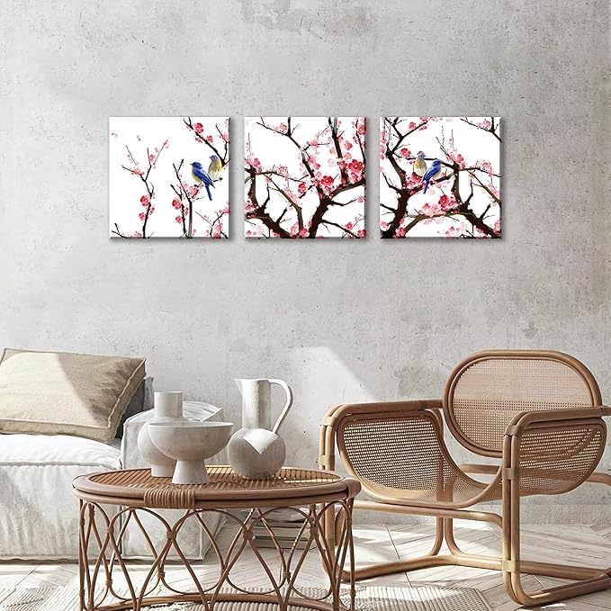 NAN Wind 3PCS Chinese Cherry Blossom Canvas Wall Art Pink Plum Flowers with Blue Birds Wall Decor Asian Oriental Style Artwork Spring Nature Home Decor Living Room Bedroom Decoration Ready to Hang