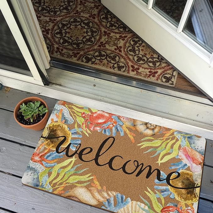 Beach Coastal Welcome Door Mat, Summer Doormat, Ocean Welcome Front Door Mat Indoor Outdoor Entrance, Beachy Seashell Artificial Coir Doormats Rugs for Patio Entry Home Decor, 30x17in