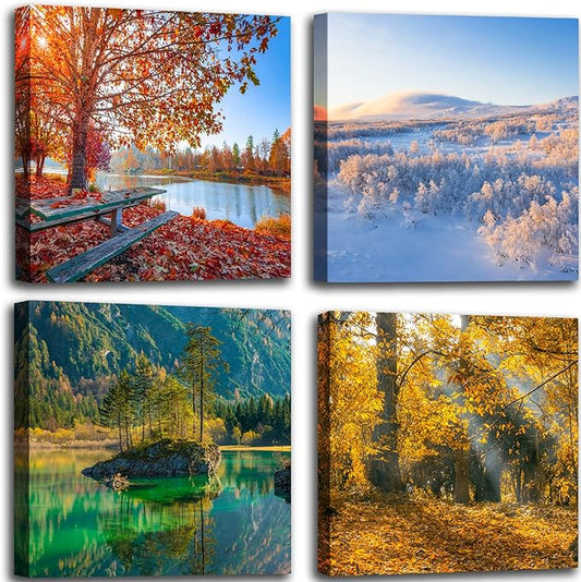 OKEXCKK Four Seasons Landscape Canvas Wall Art Decor - Spring Summer Autumn Winter Colorful Tree Painting Modern Nature Forest Prints Artwork Picture for Bathroom Office Decoration 16"x16"x4 Panels
