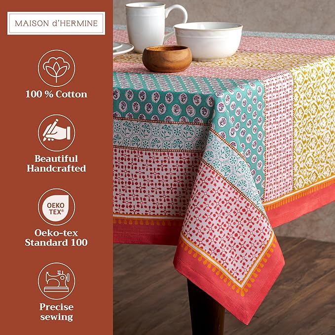 Maison d' Hermine Table Cloth Rectangle Table 100% Cotton 60 x 108 Inches Tablecloth Reusable Decorative Everyday Use for Dining Room, Farmhouse, Home Party, Festive & Wedding Spring Summer - Provence
