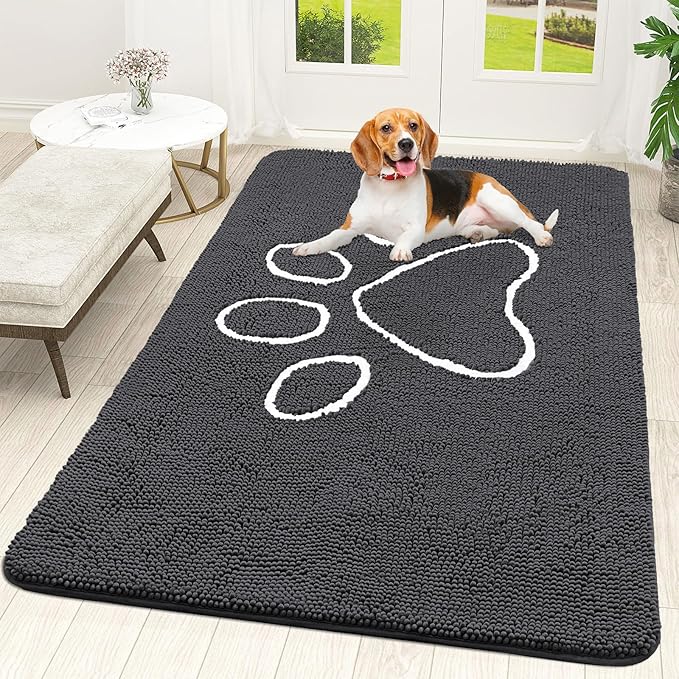 OLANLY Dog Door Mat for Muddy Paws 70x46, Paw Print Design, Absorbs Moisture and Dirt, Absorbent Non-Slip Washable Doormat, Quick Dry Chenille Mud Mat for Dogs, Entry Indoor Entryway Carpet, Dark Grey
