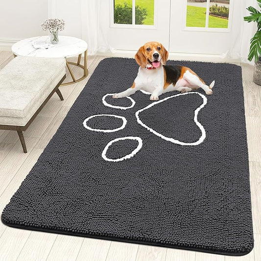 OLANLY Dog Door Mat for Muddy Paws 70x46, Paw Print Design, Absorbs Moisture and Dirt, Absorbent Non-Slip Washable Doormat, Quick Dry Chenille Mud Mat for Dogs, Entry Indoor Entryway Carpet, Dark Grey