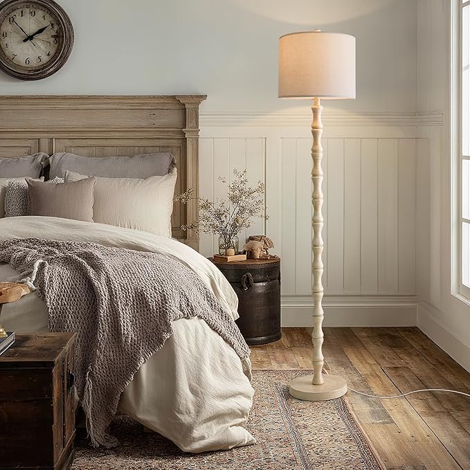 BOBOMOMO 62" Rustic Farmhouse Floor Lamp Antique White with Remote & Dimmable 9W Bulb, 3 Color Temperatures Resin Standing Lamp, Retro Tall Lamp for Living Room, Bedroom, Nursery, Office, Reading Nook