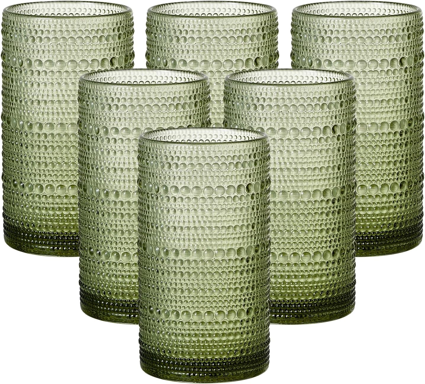 16oz Hobnail Drinking Glasses Set of 6, Vintage Large Capacity Embossed Green Tumblers, Highball Glasses for Water, Cocktail, Beer, Whiskey, Juice & Bar Use