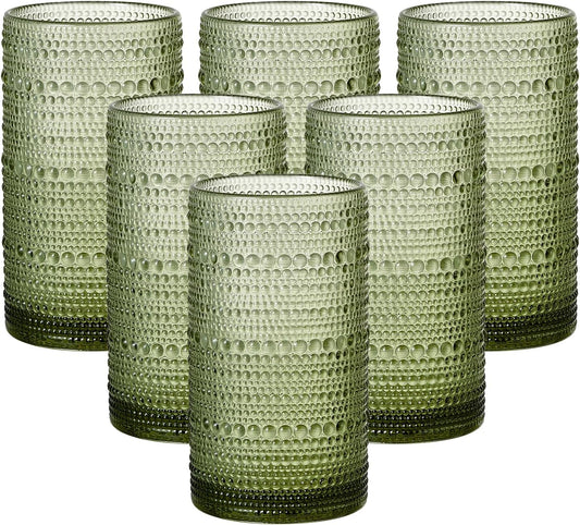 16oz Hobnail Drinking Glasses Set of 6, Vintage Large Capacity Embossed Green Tumblers, Highball Glasses for Water, Cocktail, Beer, Whiskey, Juice & Bar Use