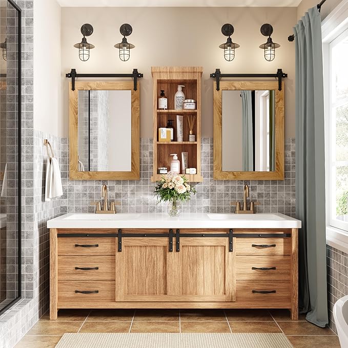 Farmhouse Bathroom Mirror 18" x 24" Rustic Wood Framed Wall Barn Door Mirror for Bathroom, Living Room, Bedroom Wall Decor (Brown)