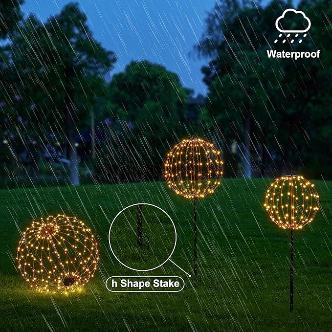 LIGHTSHARE 10IN 48LED Light Ball Yard Decoration Pathway Lights Sphere Light with Fold Flat Metal Frame Indoor Outdoor Waterproof Garden Lights, Brown Frame / Warm White Lights, 10