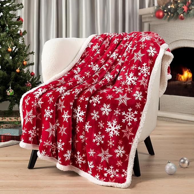 PAVILIA Red Snowflake Christmas Sherpa Throw Blanket, Ultra Soft Reversible Fleece Sherpa 60x80 Winter Blanket for Couch & Bed, Cozy Christmas Home Decor