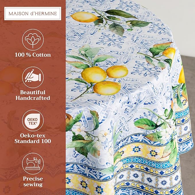 Maison d' Hermine Table Cloth Round Table 100% Cotton 63 Inches Tablecloth Reusable Decorative Everyday Use for Dining Room, Farmhouse, Home, Party, Festive & Wedding Spring Summer - Citrus
