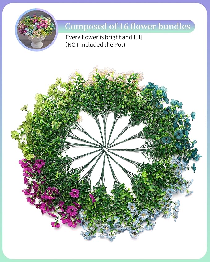 Faux Artificial Plants Flowers for Outdoor Planters Spring Summer Decor 16 Bundles Fake Eucalyptus Silk Daisy UV Resistant Realistic Used for Outside,Home,Front Porch,Patio,Yard Decorations