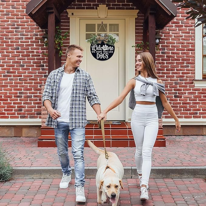 Welcome We Hope You Like Dogs Farmhouse Door Sign for Front Door Porch Decor with Eucalyptus Leaves & Buffalo Bow - Welcome Wreath Sign Hanging for Dogs Lovers Spring Summer Decor Housewarming Gift