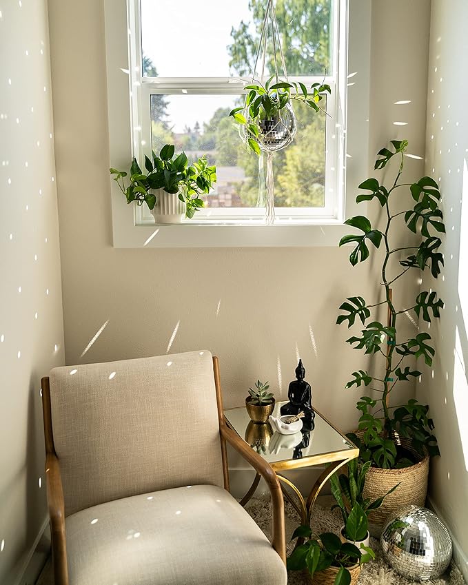 Hanging Disco Ball Planter 8" - with Acrylic Stand and Macrame Plant Hanger - Home Décor, Room Décor, Patio or Boho Décor, Mirror Disco Planter, Disco Decor (8" with Base)