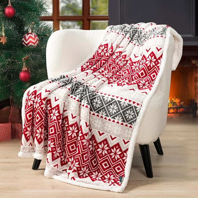 PAVILIA Premium Christmas Sherpa Throw Blanket, Red White Snowflake Holiday Blanket, Ultra-Soft Reversible Fleece Winter Throw for Home Decoration, Cozy Plush 60x80