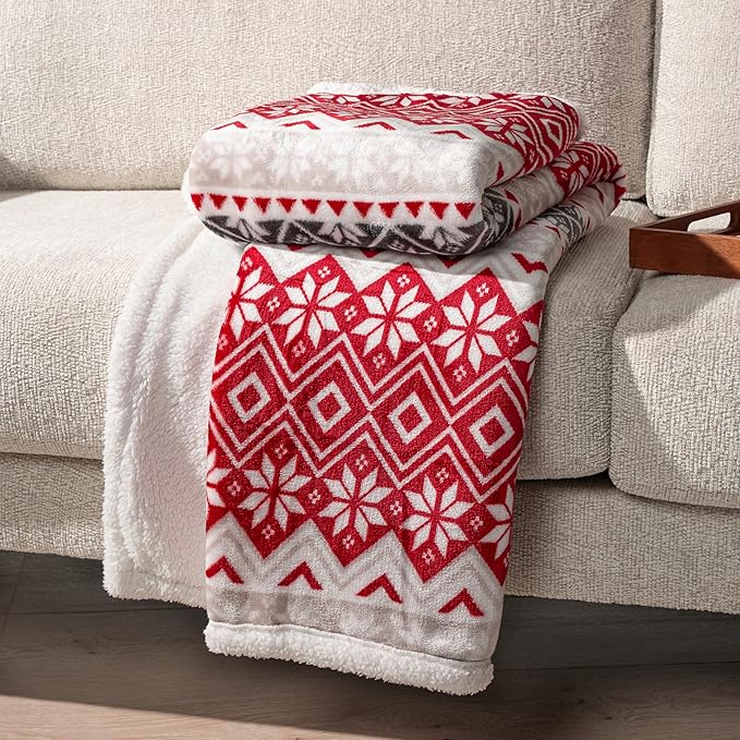 PAVILIA Premium Christmas Sherpa Throw Blanket, Red White Snowflake Holiday Blanket, Ultra-Soft Reversible Fleece Winter Throw for Home Decoration, Cozy Plush 60x80