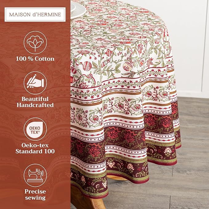 Maison d' Hermine Table Cloth Round Table 100% Cotton 69 Inches Fall Tablecloth Reusable Everyday Use for Thanksgiving Christmas Decorations Dining Farmhouse Party (Reveillon Au Jardin)