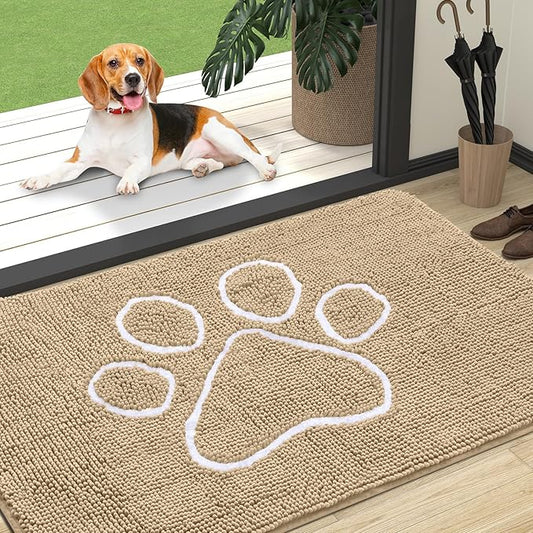 OLANLY Dog Door Mat for Muddy Paws 47x32, Paw Print Design, Absorbs Moisture and Dirt, Absorbent Non-Slip Washable Doormat, Quick Dry Chenille Mud Mat for Dogs, Entry Indoor Entryway Carpet, Beige
