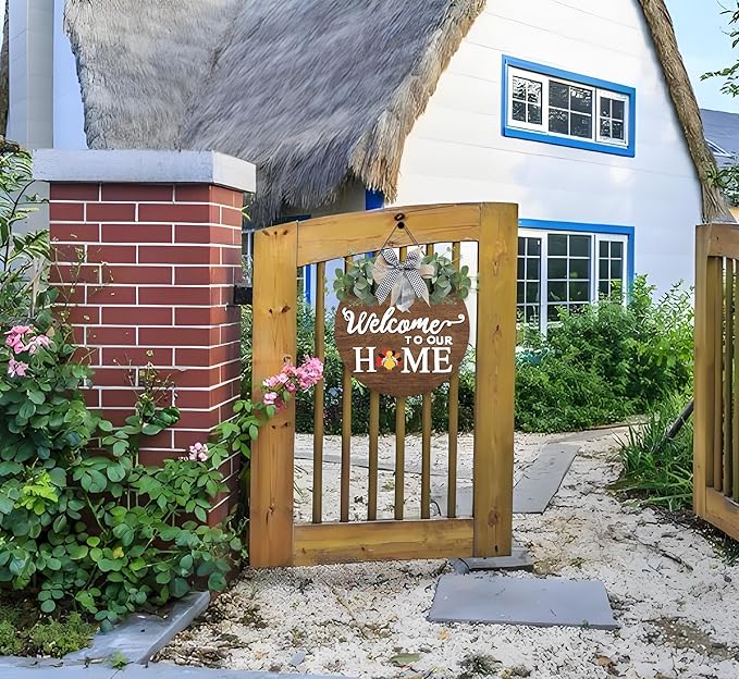 Interchangeable Welcome Sign for Front Door Decoration Rustic Round Wood Wreaths Wall Hanging Farmhouse Porch Decoration Seasonal Wooden Home Sign Home Decoration