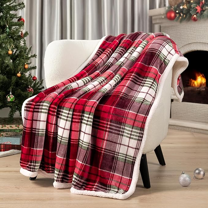PAVILIA Red Green Christmas Plaid Sherpa Throw Blanket, Holiday Fleece Blanket 50" x 60", Soft Flannel Plush Throw for Couch, Sofa & Bed, Festive Winter Home Decor, Cozy