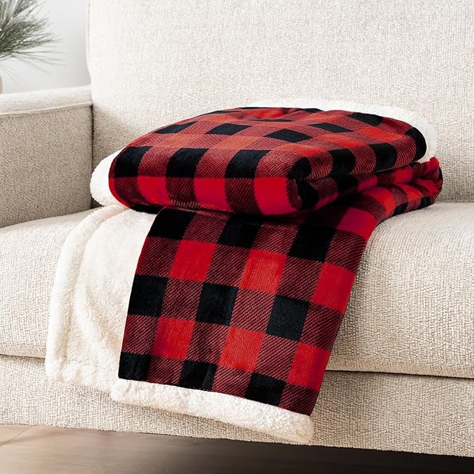 PAVILIA Black and Red Buffalo Plaid Sherpa Throw Blanket for Couch Twin, Soft Fuzzy Flannel Blanket for Bed, Plush Checkered Fleece Blanket and Throws, Warm Thick Winter Blanket Gift, 60x80
