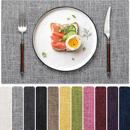 Blue Forest Placemats Set of 8, Dual-Layered Thickened Faux Linen Cloth Place Mats Heat Resistant Machine Washable Wrinkle Free Table Mats Indoor/Outdoor (Light Grey)