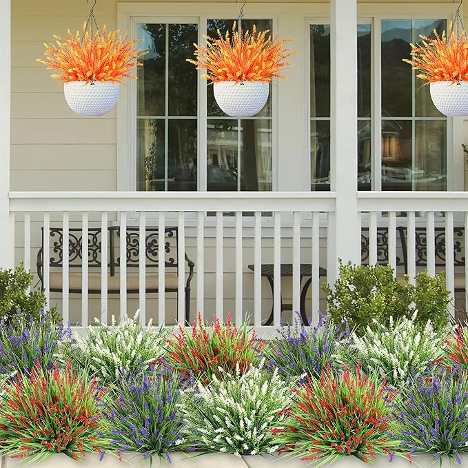 Artificial Fall Fake Outdoor Plants Flowers for Autumn Decoration,10 Bundles Faux Plastic Tall Monkey Grass Greenery UV Resistant Realistic for Home Outside Planter Window Porch Patio Garden (Orange)