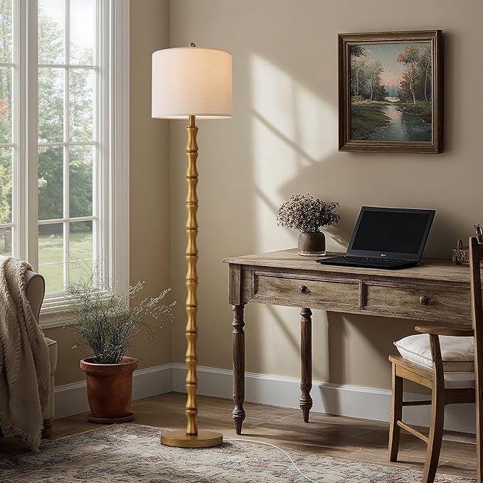 BOBOMOMO 62" Rustic Floor Lamp, Retro Farmhouse Standing Lamp with Rotary Switch, Resin Antique Gold Floor Lamp for Living Room, Bedroom, Dining Room, Nursery, Elegant Home Décor