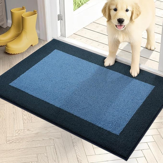 PURRUGS Dirt Trapping Door Mat 20" x 32", Non-Slip/Skid Machine Washable Entryway Rug, Shoes Scraper, Throw Rug, Super Absorbent Area Rug for Muddy Wet Shoes and Paws, Light Blue & Navy