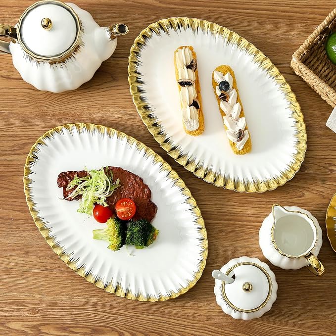 Serving Platters, Ceramic Oval Serving Platters,12 Inch Serving Dishes/Trays for Party Entertaining, Porcelain White Dinner Plates with Gold Trim for Sandwich, Appetizer, Fruit, Desserts, Set of 2