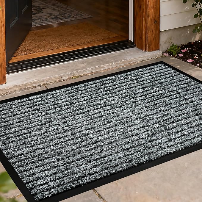 Front Door Mat Outdoor, Non-Slip and Heavy Duty Welcome Mat, Low Profile Easy Clean Indoor Outdoor Doormat for Patio Entryway with Durable PVC Backing. (Dark Grey 29.5"x17")