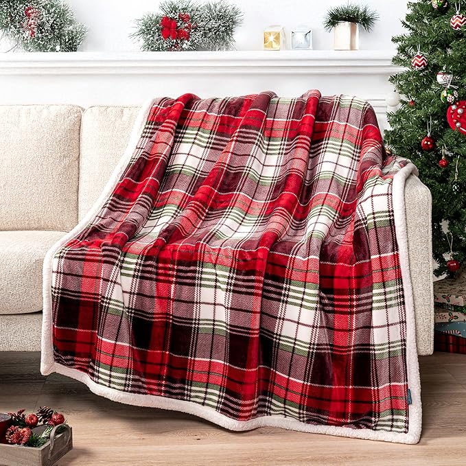 PAVILIA Red Green Christmas Plaid Sherpa Throw Blanket, Holiday Fleece Blanket 50" x 60", Soft Flannel Plush Throw for Couch, Sofa & Bed, Festive Winter Home Decor, Cozy